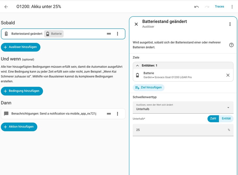 Für Home Assistant gibt es eine Community-Integration, die den Ecovacs Goat O1200 LiDAR unterstützt und viele Konfigurationsmöglichkeiten bietet. Außerdem liefert sie viele Betriebsdaten wie den Akkustand. Damit lassen sich Automatisierungen erstellen, etwa für eine Benachrichtigung über das Laden des Akkus.