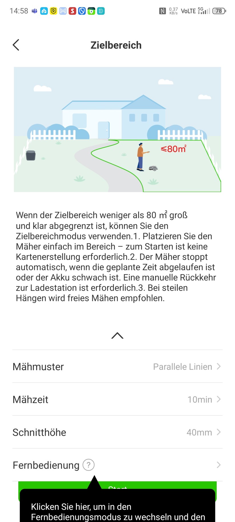 Roboup Raccoon 2 SE: Die Roboup-App liegt auf Deutsch und ist übersichtlich, sodass man den Mähroboter leicht konfigurieren und Zeitpläne erstellen kann.