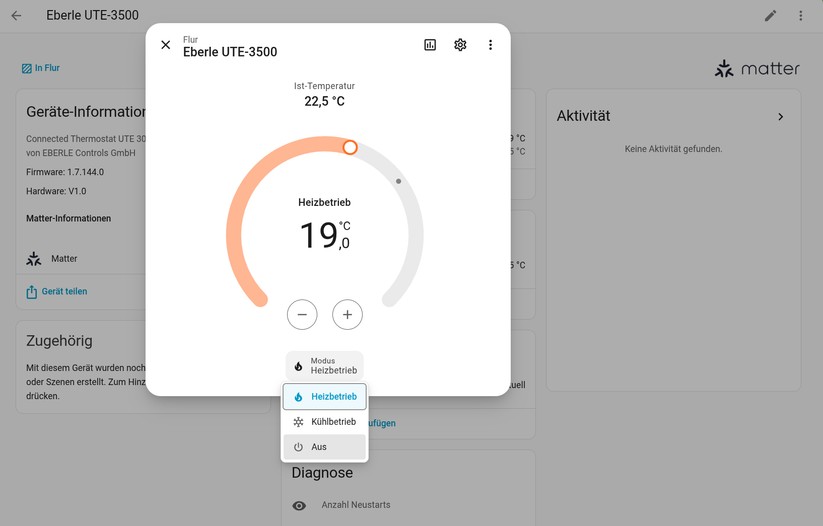 Dank Matter lässt sich das Eberle UTE-3500 einfach in Home Assistant integrieren. Allerdings stellt es nicht so viele Entitäten bereit. Immerhin wird der Wärmebedarf angezeigt, der angibt, mit welcher Intensität das Thermostat Heizwärme anfordert; bei 88 % ist das Ventil im 20-Minuten-PWM-Zyklus fast durchgehend geöffnet.