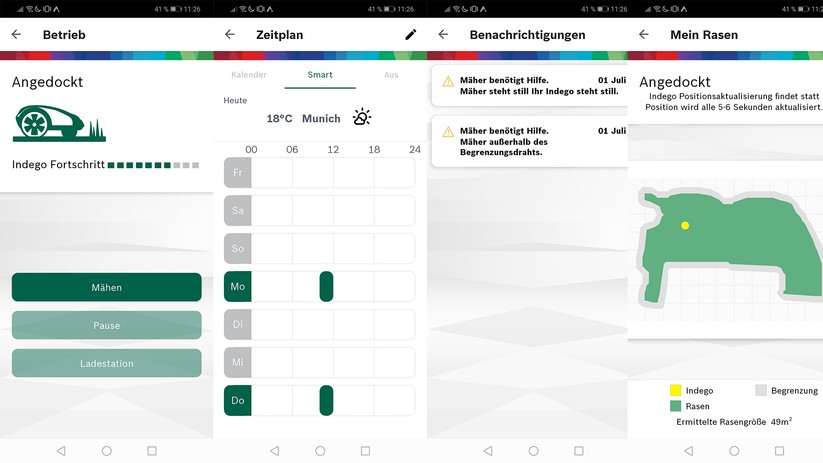 Indego App, von links nach rechts: Über die Mähfunktion startet man den Roboter von überall, wo es eine Internetverbindung gibt. Der smarte Kalender kann selbstständig erkennen, wann und wie oft gemäht werden soll. Die Benachrichtigung informiert, wenn sich der Indego verfährt. Die Karte zeigt den ungefähren Umriss des Gartens und die Position des Roboters. 