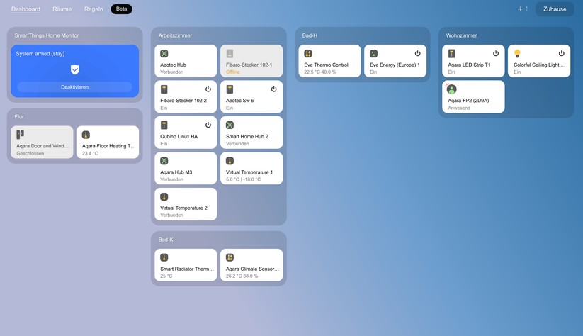 Unter https://my.smartthings.com/ erhalten Anwender interessante Einblicke in das Smartthings-System. Dort werden etwa die installierten Geräte aufgelistet, samt relevanten Betriebsdaten und ob die Ausführung lokal oder per Cloud unterstützt wird.  
