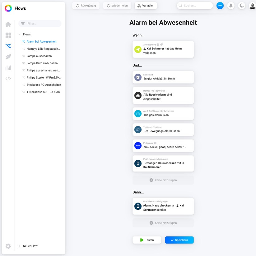Homey Pro erlaubt komplexe Wenn-Dann-Regeln (Flows) mit mehreren Bedingungen zu erstellen.