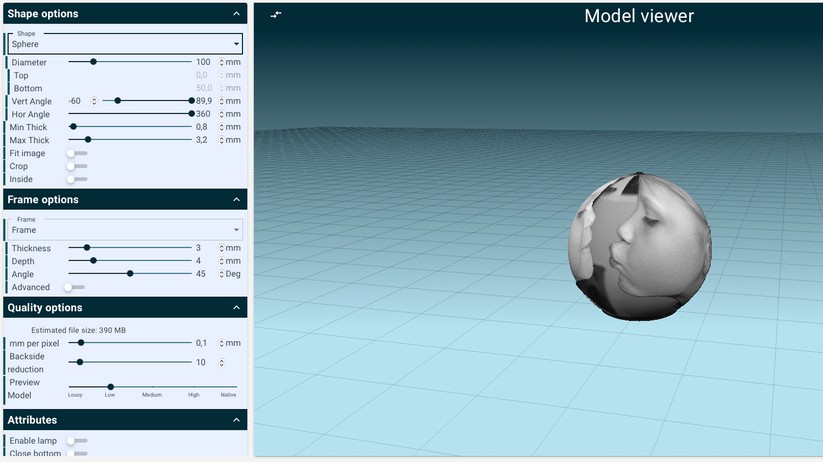 Beim Kugel-Lithophane stehen natürlich andere Einstellungsmöglichkeiten als beim flachen Bild zur Verfügung.