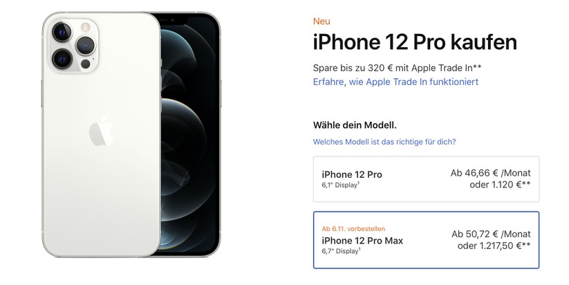 Ab 50,72 Euro zahlt der Käufer bei einer Finanzierung des iPhone 12 Pro Max.