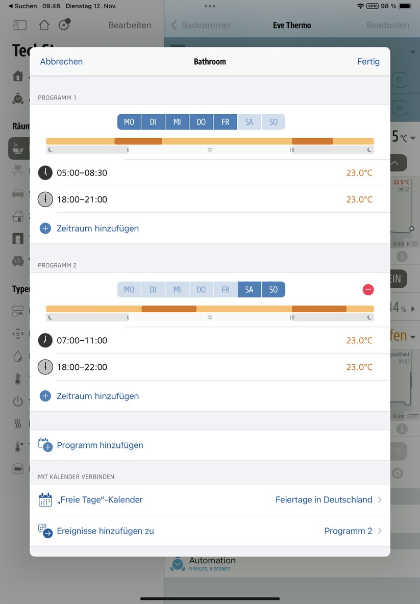 Die Eve-App bietet vorgefertigte Heizpläne, die mithilfe von Kalenderdaten optimiert werden können.