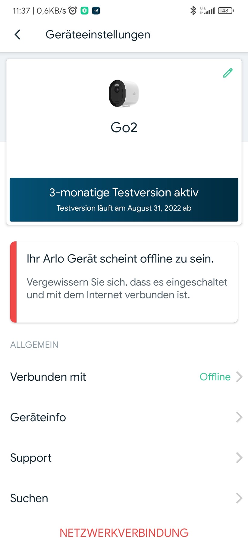 Leider hat die Arlo Go 2 im Test Probleme, die Verbindung zu halten.