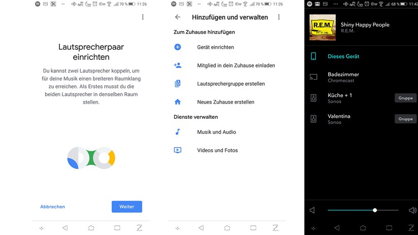 Links die Konfiguration des Lautsprecherpaars, in der Mitte seht man gut die Einstellungen für Lautsprechergruppen in Google Home. Rechts sieht man, wie Tidal Musik auf dem Chromecast-Lautsprecher oder den Sonos-Geräten wiedergeben kann. 