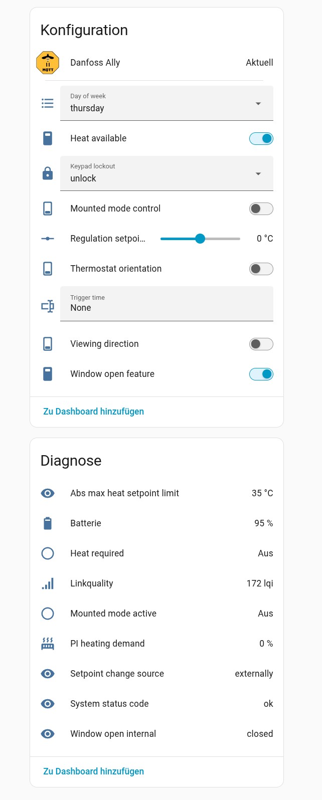 In Home Assistant zeigt das Danfoss Ally seine wahre Stärke: Über 30 Entitäten ermöglichen tiefe Einblicke und präzise Steuerung, während Community-Blueprints die Gateway-Funktionalität nachbilden – eine Flexibilität, die die Hersteller-App schmerzlich vermissen lässt.