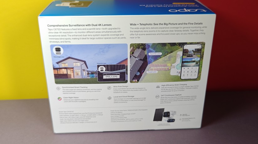TP-Link Tapo C675D: 4K Solar-Überwachungskamera mit Dual-Objektiv (festes Ultra-Weitwinkel + schwenkbares Teleobjektiv), 169° Ultra-Weitwinkel für weniger tote Winkel, 360° schwenkbares Objektiv mit Auto-Tracking und Zoom, Solarbetrieb mit 10.000 mAh Akku, Starlight Farb-Nachtsicht, KI-Erkennung von Personen, Fahrzeugen & Haustieren, 24/7 kontinuierliche Aufnahme, IP65 wetterfest mit smarter Abschreckung. In Verbindung mit H500 auch Gesichtserkennung.