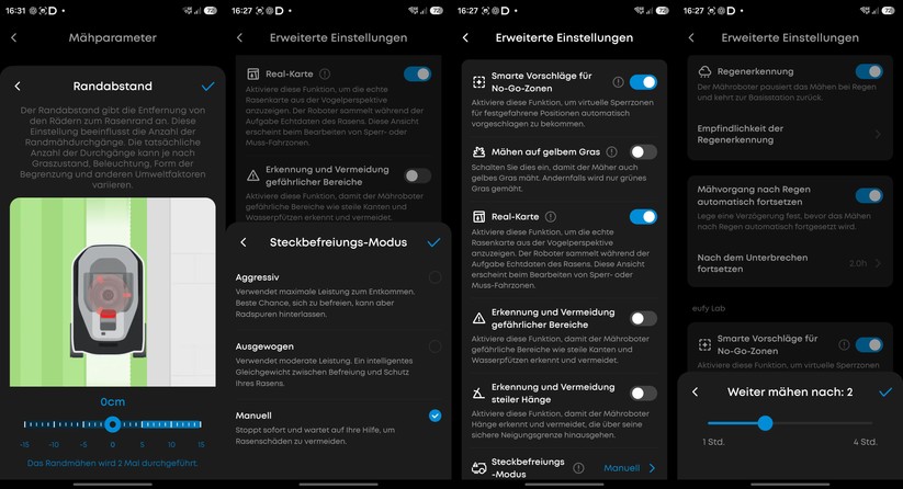 Die Eufy-App ermöglicht die Anpassung des Randabstands. Bei ebenen Übergängen – etwa von Rasen zu Terrassenplatten – lässt sich dieser Wert so einstellen, dass der Mähroboter den Rasenrand leicht überfährt. So wird ein sauberer, lückenloser Randschnitt erzielt.