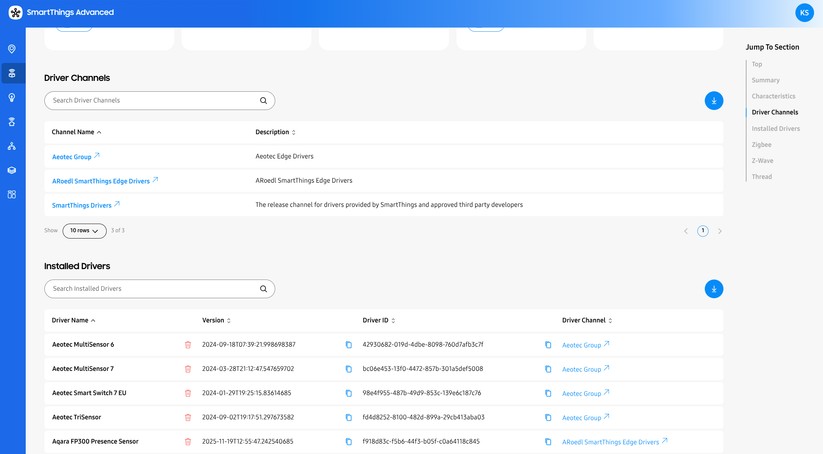 Unter https://my.smartthings.com/ erhalten Anwender interessante Einblicke in das Smartthings-System. Dort werden etwa die installierten Geräte aufgelistet, samt relevanten Betriebsdaten und ob die Ausführung lokal oder per Cloud unterstützt wird. Auch die bislang installierten Quellen für Edge-Treiber, die für eine lokale Ausführung nötig sind, werden angezeigt. 