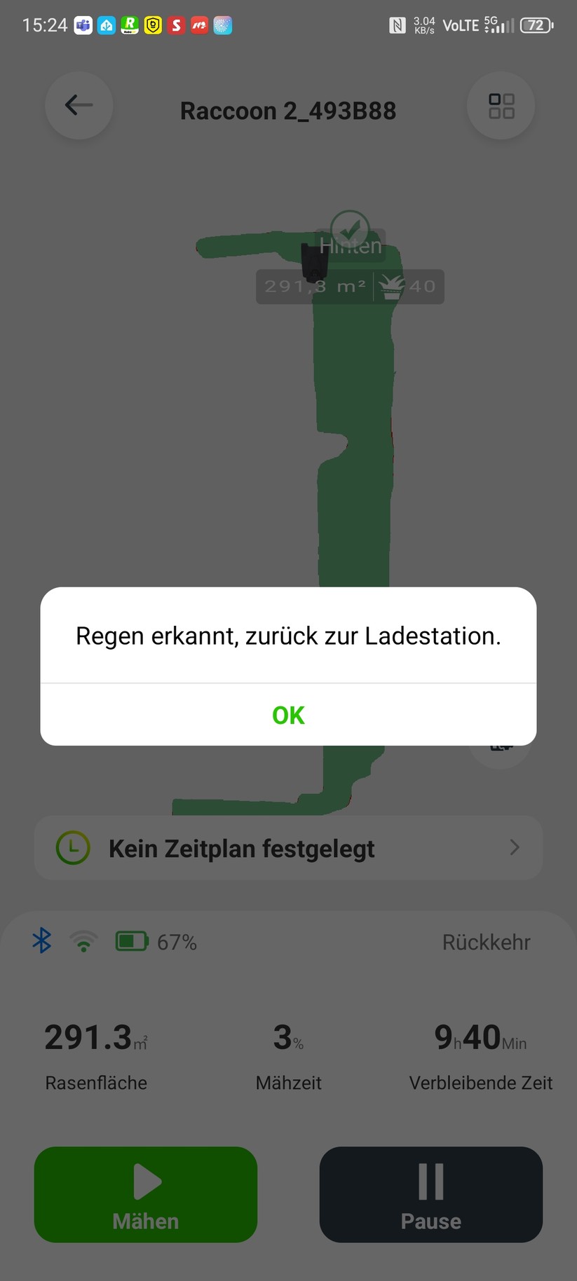 Roboup Raccoon 2 SE: Die Roboup-App liegt auf Deutsch und ist übersichtlich, sodass man den Mähroboter leicht konfigurieren und Zeitpläne erstellen kann.