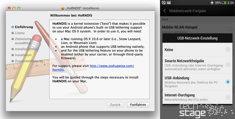 Treiber installieren, USB-Tethering aktivieren, fertig: Nur wenige Minuten dauert es, dann klappt die USB-Verbindungsfreigabe von Android-Smartphones für Mac OS X.