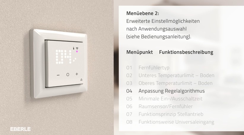 In einem Youtube-Video erläutert Eberle detaillierte die Montage und Inbetriebnahme. Das beigelegte Faltblatt informiert über die wichtigsten Einstellungen und technischen Daten.