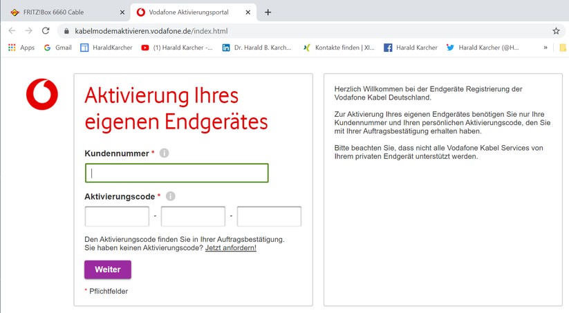 Aktivierung des eigenen Endgerätes (AVM 6660) am Kabel-500-Internet (Bild: Harald Karcher).