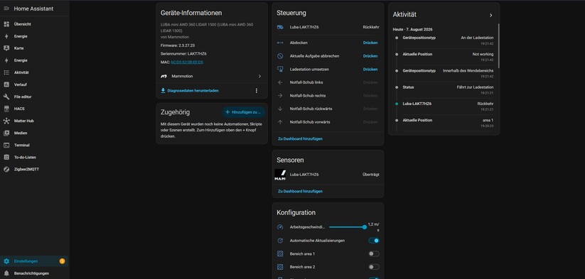Mit einer Community-Integration lässt sich der Mammotion Luba Mini 2 AWD 1500 auch unter Home Assistant integrieren.