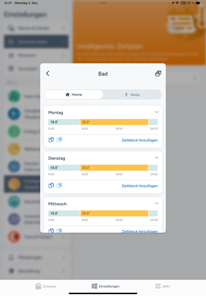 Die Tado-App sieht nicht nur schön aus, sondern bietet auch Verlaufsgrafiken für Temperatur und Heizperiode. Außerdem lässt sie sich einfach bedienen. Heizpläne sind im Handumdrehen erstellt.