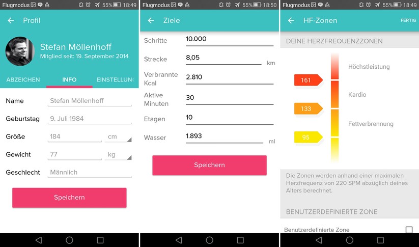 In der FitBit-App kann der Nutzer ein paar Daten über sich selbst und zu seinen Zielen eingeben. Auf der FitBit-Webseite gibt es noch zusätzliche Optionen – hier lässt sich beispielsweise für eine genauere Messung die Schrittlänge festlegen.