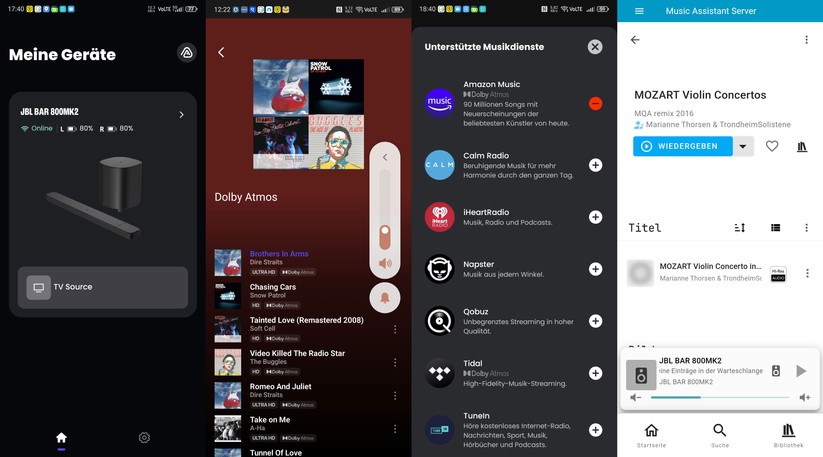 JBL Bar 800MK2: Bester Klang bei der Musikwiedergabe bieten Dolby-Atmos-Titel – das Angebot bei Streaming-Diensten wie Amazon Music ist recht umfangreich. Zwar bietet die App JBL One keinen direkten Zugriff auf einen Medienserver im lokalen Netzwerk. Doch mit Home Assistant kann man seine lokale Musikbibliothek auch auf der JBL-Soundbar ausgeben.