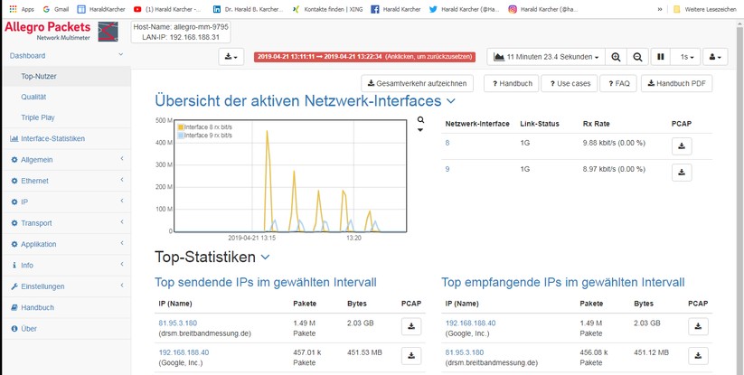 SPEED: Die braune Messkurze zeigt 5 Internet-Downloads in 5 Räumen, von 482 Mbps im Dach bis 94 Mbps im hintersten OG-Zimmer-4, alles Netto. Die blaue Kurve darunter zeigt 5 Internet-Uploads in 5 Räumen: Konstant knapp 50 Mbps, Netto, in allen 5 Räumen, weil unser Kabel-500-Anschluss beim Upload halt die Bremse bei 50 Mbps reinhaut. Das Mesh-System selber könnte auch mehr (Bild: Harald Karcher).
