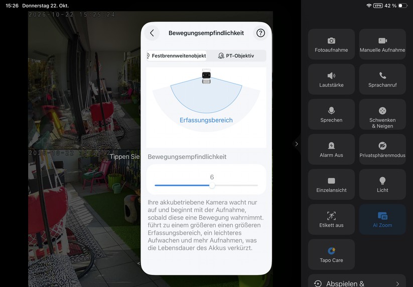 Die Tapo-App ist auch für Tablets optimiert. Sie reagiert zügig und stellt den Kamerastream nahezu verzögerungsfrei dar.