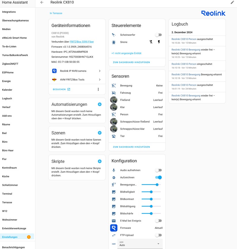 Reolink CX810: Die Integration in Home Assistant ist vorbildlich. Sämtliche Funktionen der Kamera stehen zur Verfügung.
