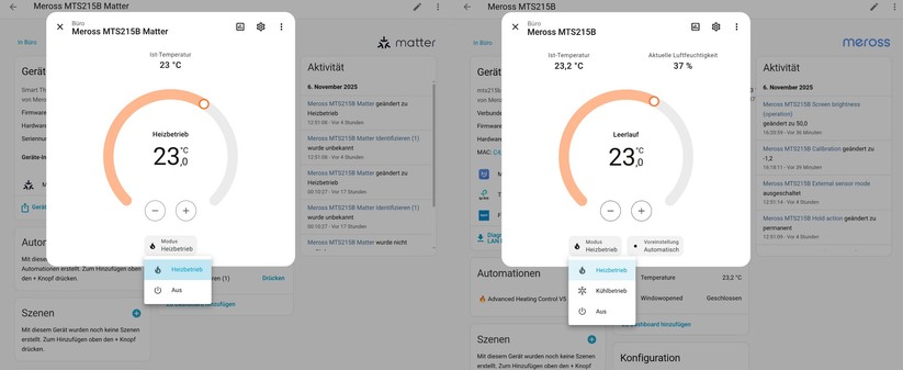 Meross MTS215B: Die Integration über Matter in ein Smart-Home-System bietet nur rudimentäre Funktionen. Für Home Assistant gibt es allerdings eine lokale Integration, mit der man das Meross-Thermostat umfassend steuern kann. Blueprints halten dabei den Aufwand in Grenzen.