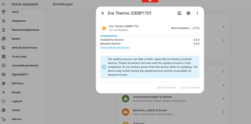 Eve Thermo: Firmware-Update unter Home Assistant