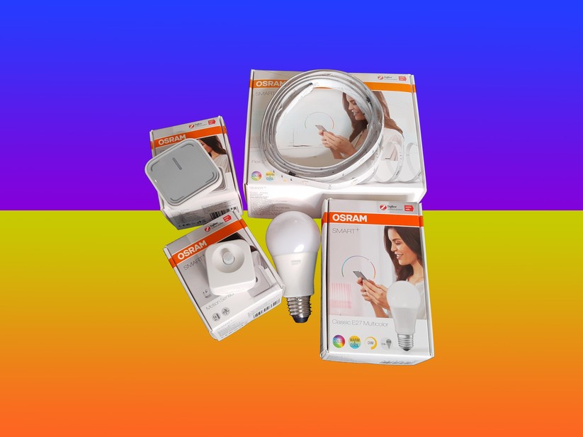 Die getesteten Produkte: eine smarte LED-Leiste, ein E27-Leuchtmittel, ein vernetzter Schalter und ein Bewegungssensor. 