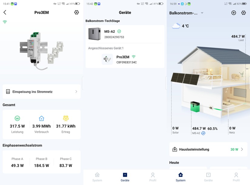 Hoymiles MS A2: Mithilfe des Smart Meters Shelly Pro 3EM ist eine Nulleinspeisung möglich. Nach der Integration des Shelly in die App wählt man dafür den Betriebsmodus „Eigenverbrauch“ aus. Die Einstellung für eine starre Einspeiseleistung (Hauslasteinstellung 30 Watt) wird dann ignoriert.