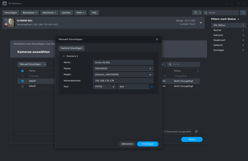 Annke NC500: Inbetriebnahme der PoE-Überwachungskamera mit Synology Surveillance Station mit Hikvision-Profil.