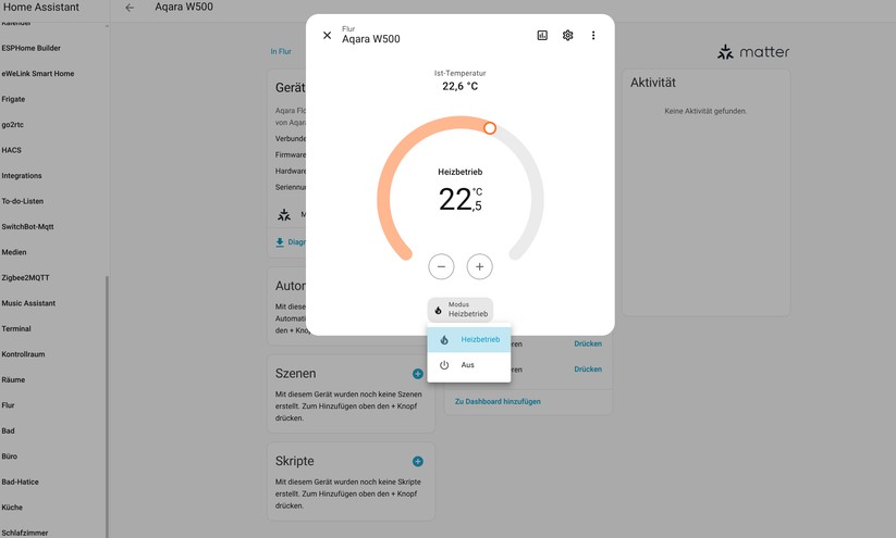 Mit Zigbee stehen auch unter Home Assistant nahezu sämtliche Funktionen des Thermostats zur Verfügung, die es in Kombination mit dem Aqara-Hub M3 bietet. Allerdings ist die Konfiguration etwas aufwendiger. Das Gleiche gilt für den Climate Sensor W100.