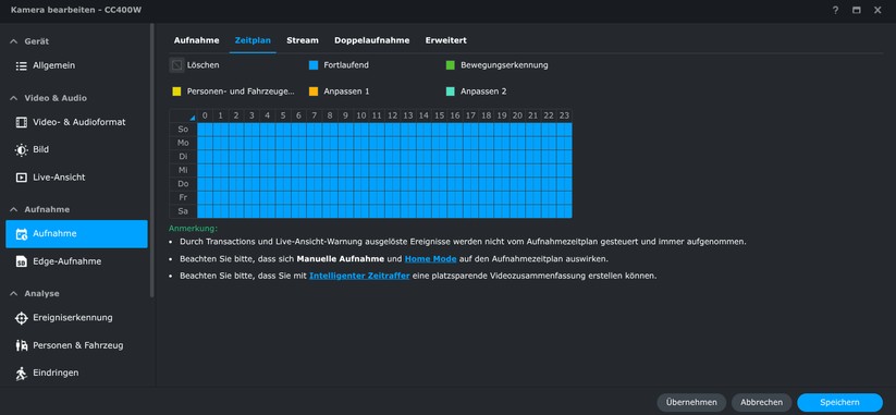 Synology CC400W: Aufnahmen erfolgen entweder kontinuierlich oder ereignisbasiert.