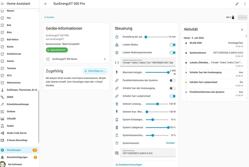 SunEnergyXT liefert für den 500 Pro eine Integration, mit der man den Speicher lokal über Home Assistant vollständig steuern kann.