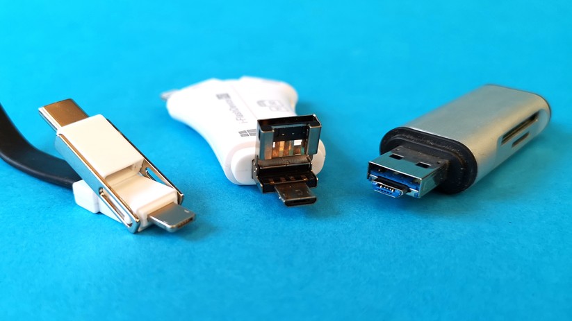Speichersticks, Ladekabel und Cardreader gibt es mit multifunktionalen USB-Anschlüssen für USB, Micro-USB, USB-C und Lightning-Verbindungen.