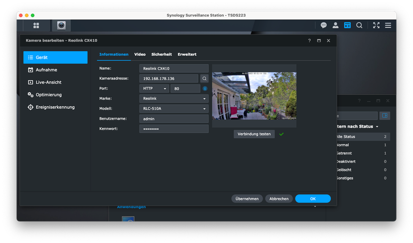 Die Reolink CX410 kann man auch mit Synology Surveillance Station betreiben. Allerdings steht ein passendes Profil noch nicht zur Auswahl. Die Integration gelingt aber auch mit einem anderen Profil. Dabei sollte man darauf achten, dass dieses in puncto Auflösung mit der CX410 übereinstimmt.