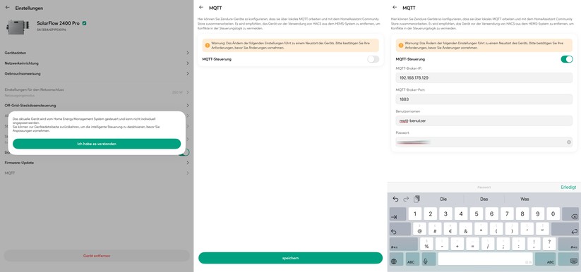 In der Zendure-App lässt sich das MQTT-Protokoll aktivieren. Dann kann man etwa mit Home Assistant Solarflow 2400 Pro steuern. Mit der App ist dann eine Steuerung aber nicht mehr möglich.