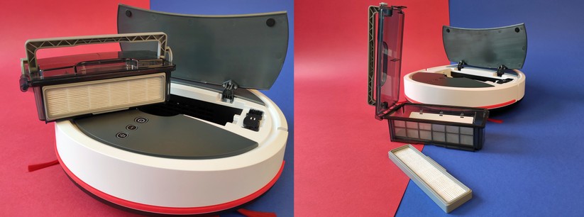 Der Schmutzbehälter lässt sich einfach aus dem Roboter entfernen, leeren und säubern. Der Filter ist kein HEPA-Filter.