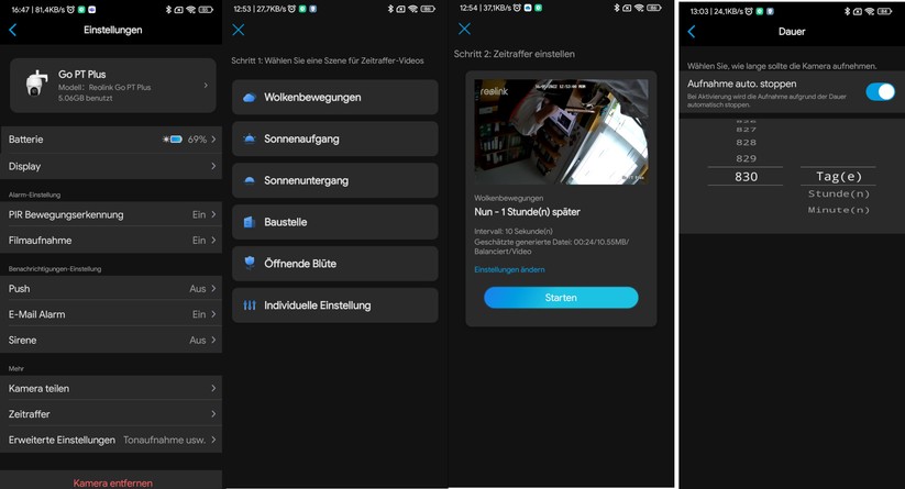 Reolink Go PT Plus: Die Kamera bietet auch eine Zeitraffer-Funktion, deren Einrichtung von der App unterstützt wird.