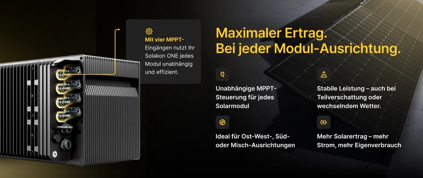 Solakon One: Der in Zusammenarbeit mit FOX Ess entwickelte Speicher bietet vier MPPTs mit einer Eingangsleistung von 2600 Watt, kann mit bis zu 1200 Watt per Stromnetz geladen werden und bietet eine Notstromsteckdose mit 2200 Watt bei Netzanschluss und 1200 Watt im Inselbetrieb. An Schnittstellen bietet Solakon One Bluetooth, LAN und WLAN.
