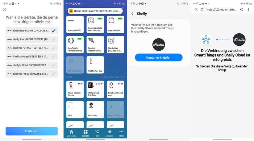 Shelly-Komponenten lassen sich auch in Smart-Home-Zentralen wie Homey Pro (links) und Smartthings (rechts) integrieren. 