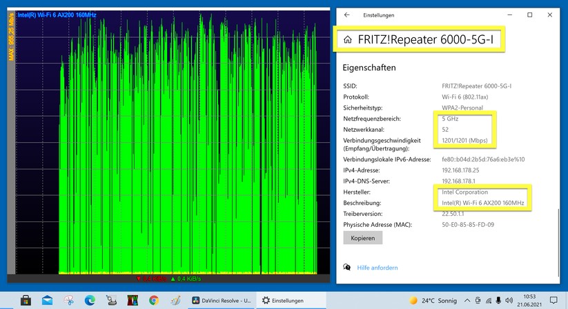 Fritz Repeater 6000 Leistungsmessung: Vom DELL-11ax-WS1-Rechner funken wir nun die 50 GigaByte via 5G-I-Funk mit Peaks bis zu 955 Mbps auf den NAS-Server hinauf (Bild: Harald Karcher).