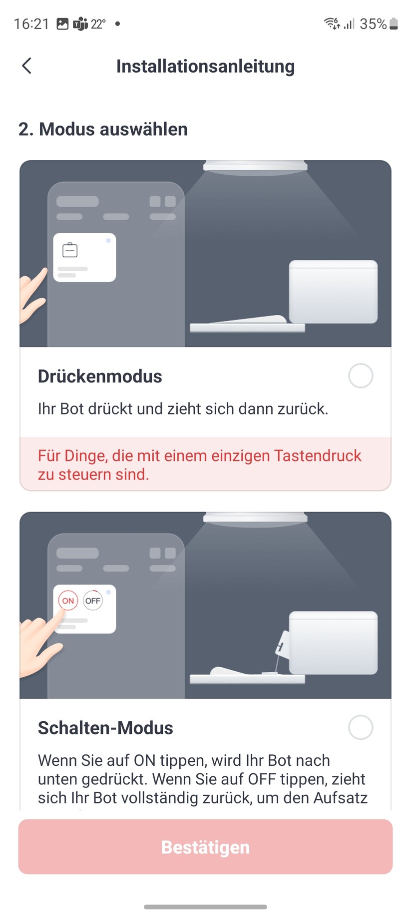 Die Einrichtung der Switchbot-Komponenten erfordert eine Registrierung. Ansonsten ist der Setup-Prozess sehr einfach. Während der Einbindung liefert die App informative Erklärungen, Grafiken und Videos zu den einzelnen Komponenten hinsichtlich Einrichtung, Konfiguration und Betrieb. Vorbildlich.