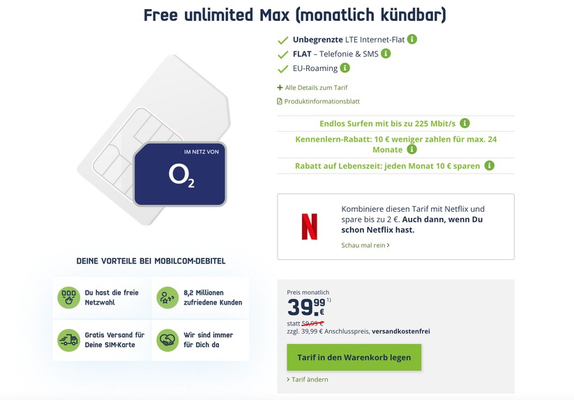 Schnelles und unlimitiertes Internet gibt es bei Mobilcom-Debitel mit dem Tarif Free Unlimited max von O2.
