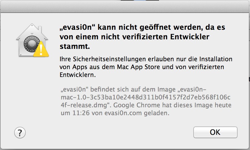 Sollte unter Mac OS X diese Meldung den Start der evasi0n-App verhindern, hilft ein Rechtsklick mit gedrückter Ctrl-Taste und dann die Auswahl der Option Öffnen im Kontext-Menü.