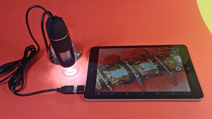 Das getestete UBS-Mikroskop an einem Android-Tablet.