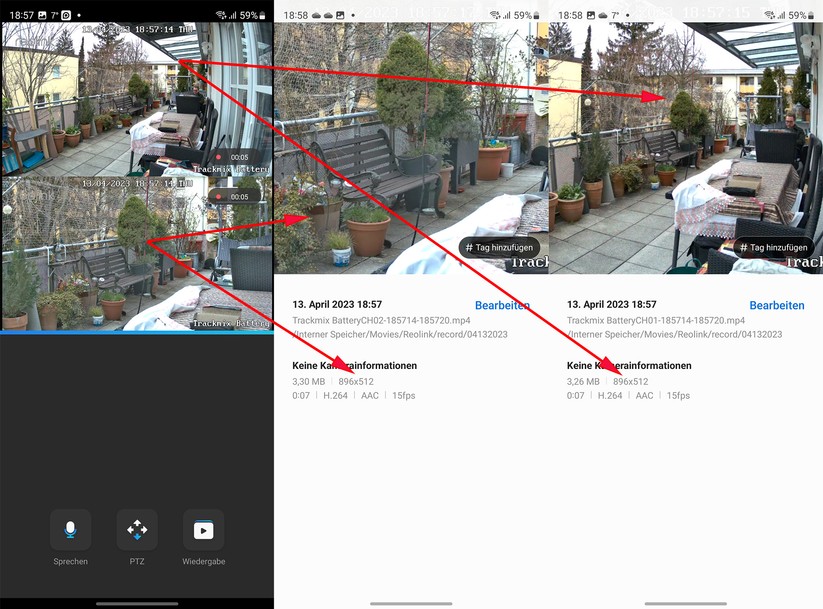 Reolink Trackmix Akku: Aufnahmen bei gleichzeitiger Darstellung der beiden Streams werden mit niedriger Auflösung aufgezeichnet.