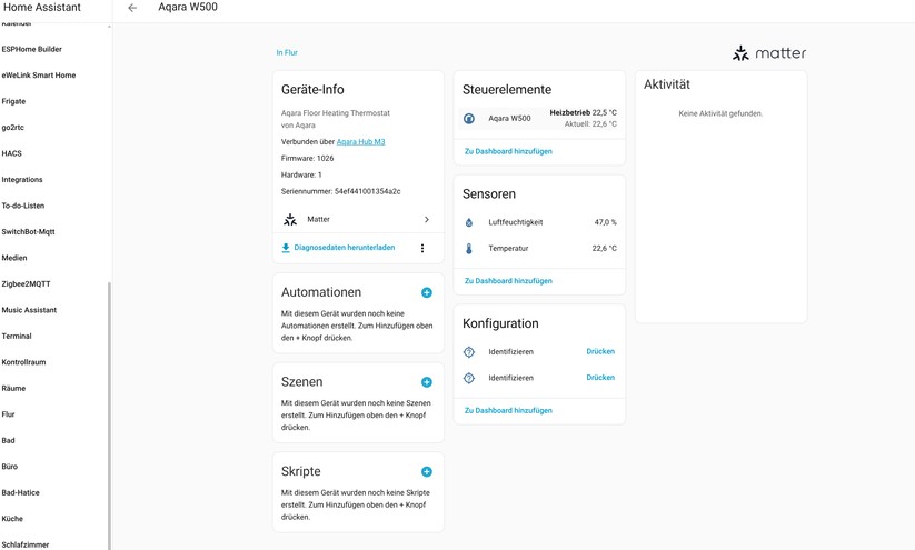 Mit Zigbee stehen auch unter Home Assistant nahezu sämtliche Funktionen des Thermostats zur Verfügung, die es in Kombination mit dem Aqara-Hub M3 bietet. Allerdings ist die Konfiguration etwas aufwendiger. Das Gleiche gilt für den Climate Sensor W100.