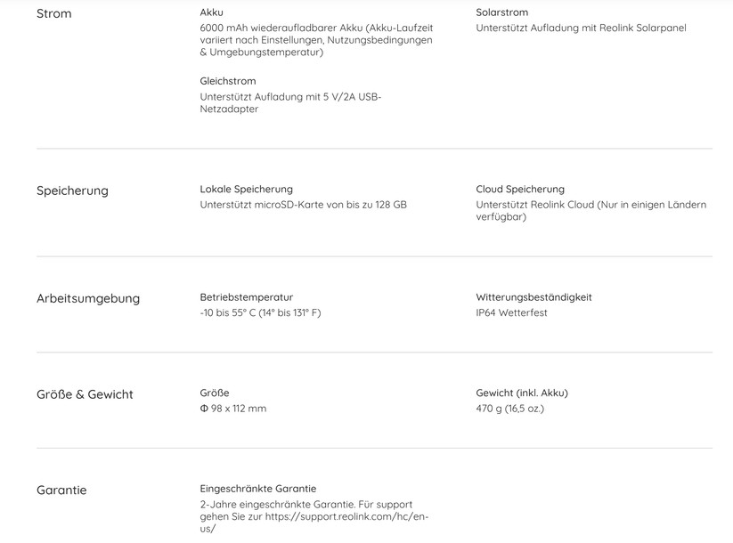 Reolink Argus PT: Technische Daten