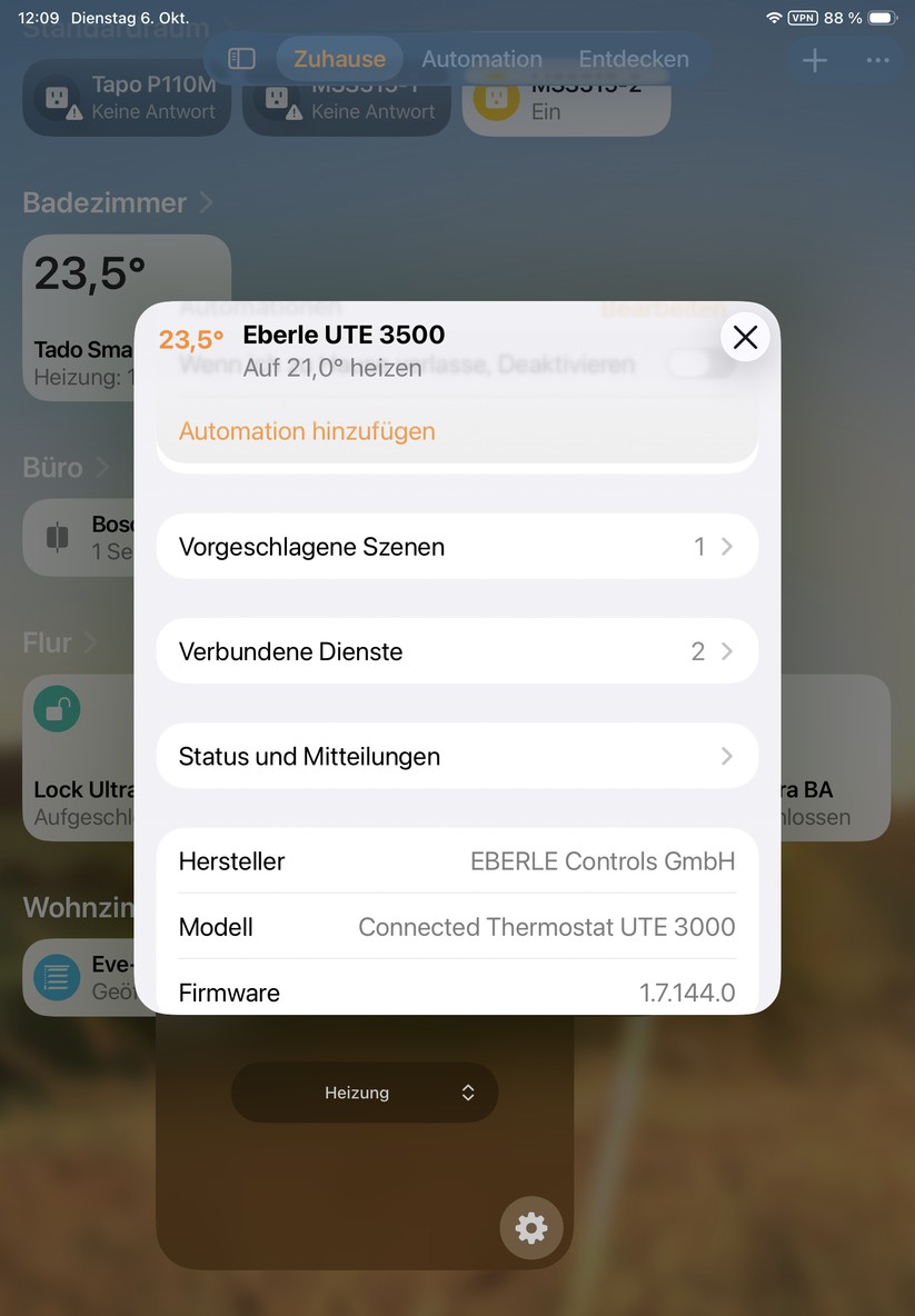 Das Eberle UTE-3500 lässt sich auch mit Apple Home Steuern. Allerdings wird der Wärmebedarf nicht dargestellt. Diese Daten kann man aber mit Home Assistant abrufen.